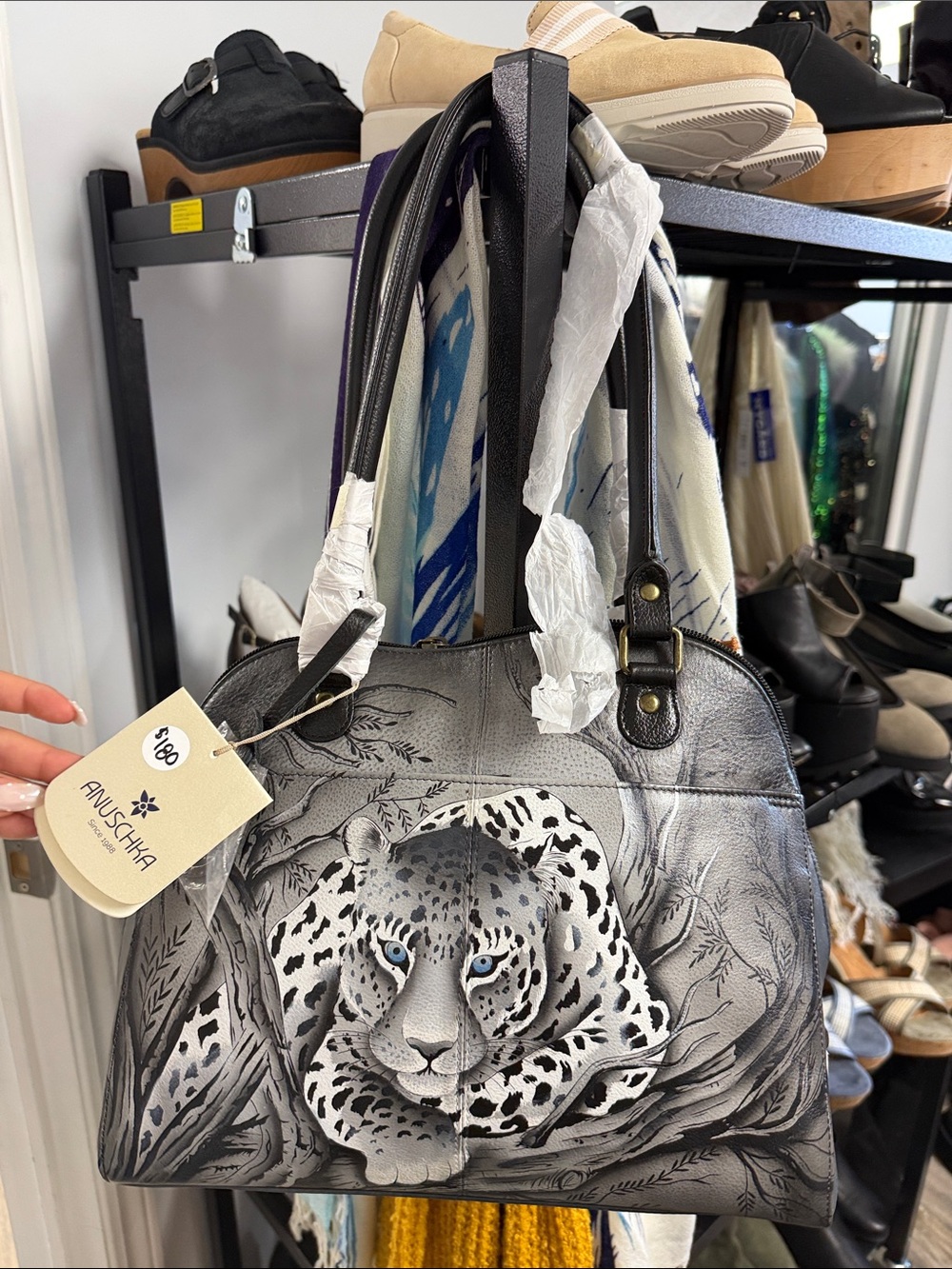 Anuschka Hand-Painted Silver Gray Leopard Dome Tote with Blue Eyes